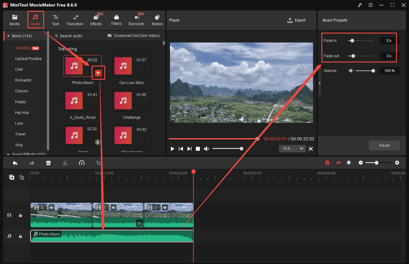 MiniTool MovieMaker interface showing how to add music to the Reddit video.