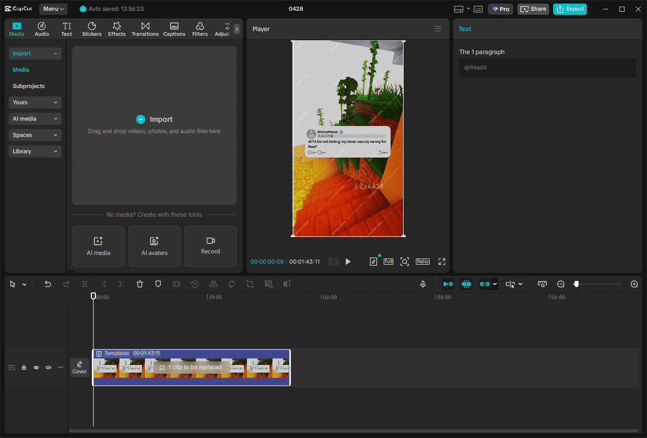 The main editing interface of CapCut as a Reddit video maker.