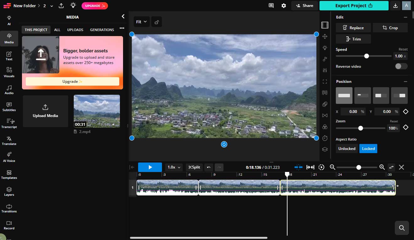 The main editing interface of Kapwing as a Reddit video maker.