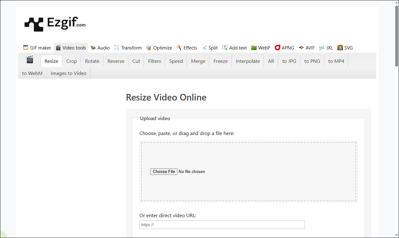 The main editing interface of Ezgif as a Reddit video maker.