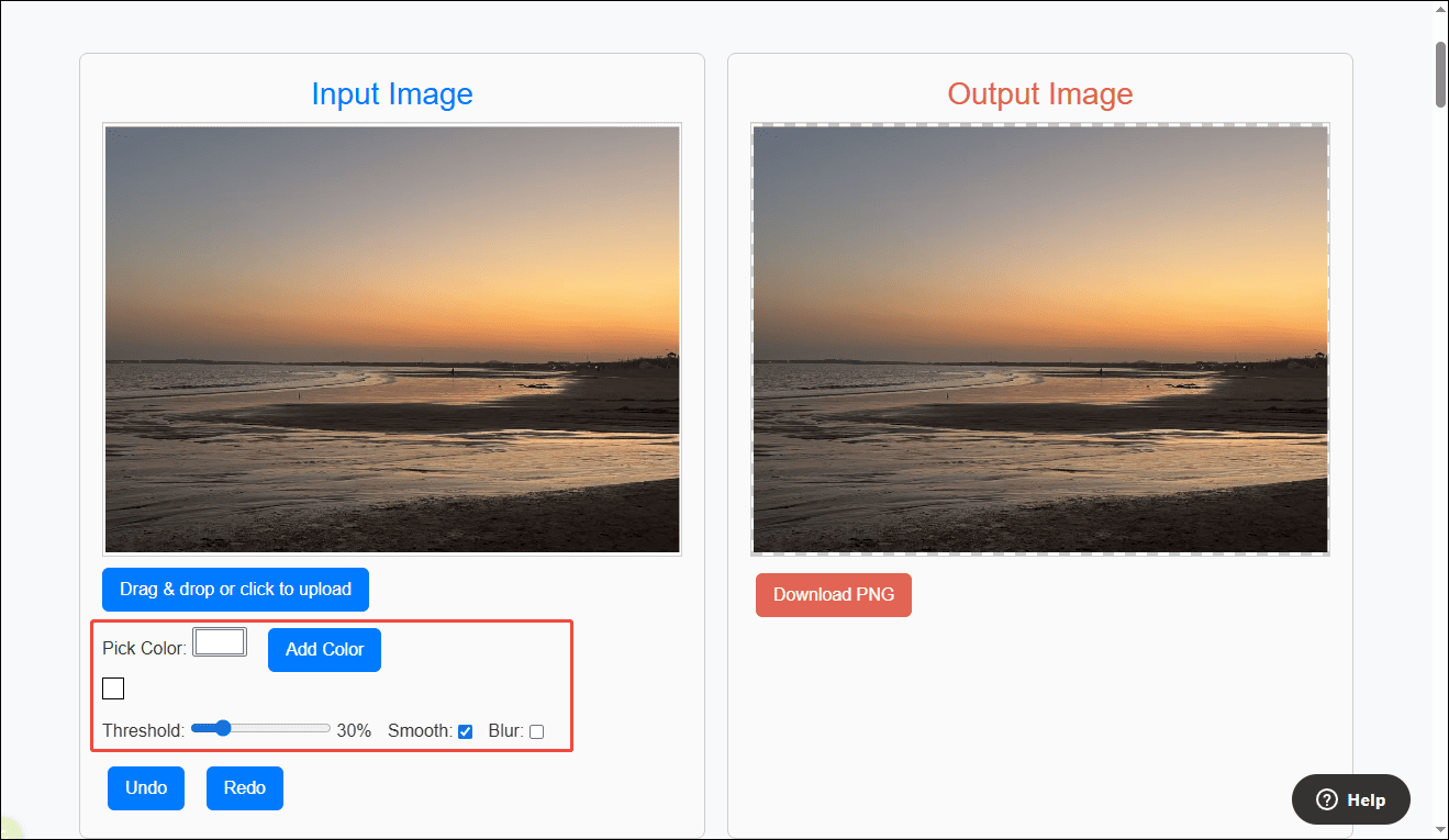 Small PNG Tools interface with the highlighted Pick Color and Threshold settings.