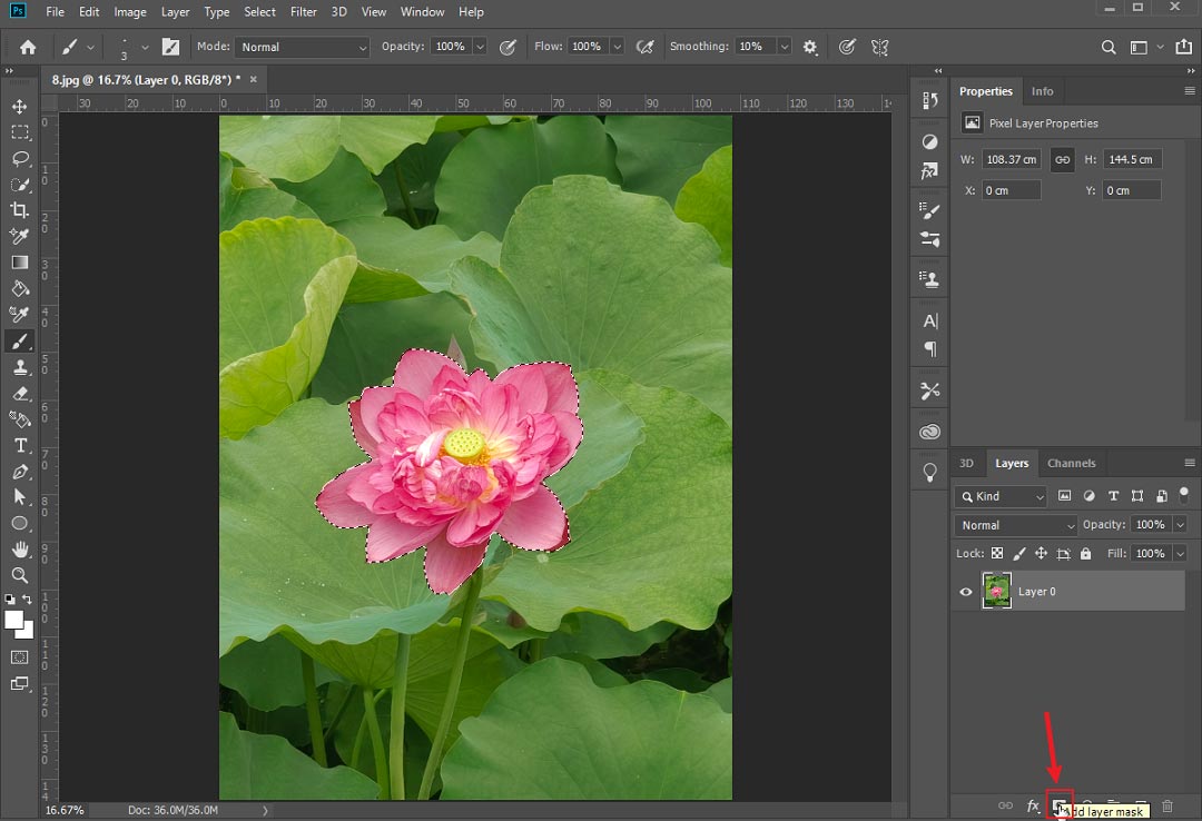 Photoshop interface showing the highlighted Add layer mask icon.