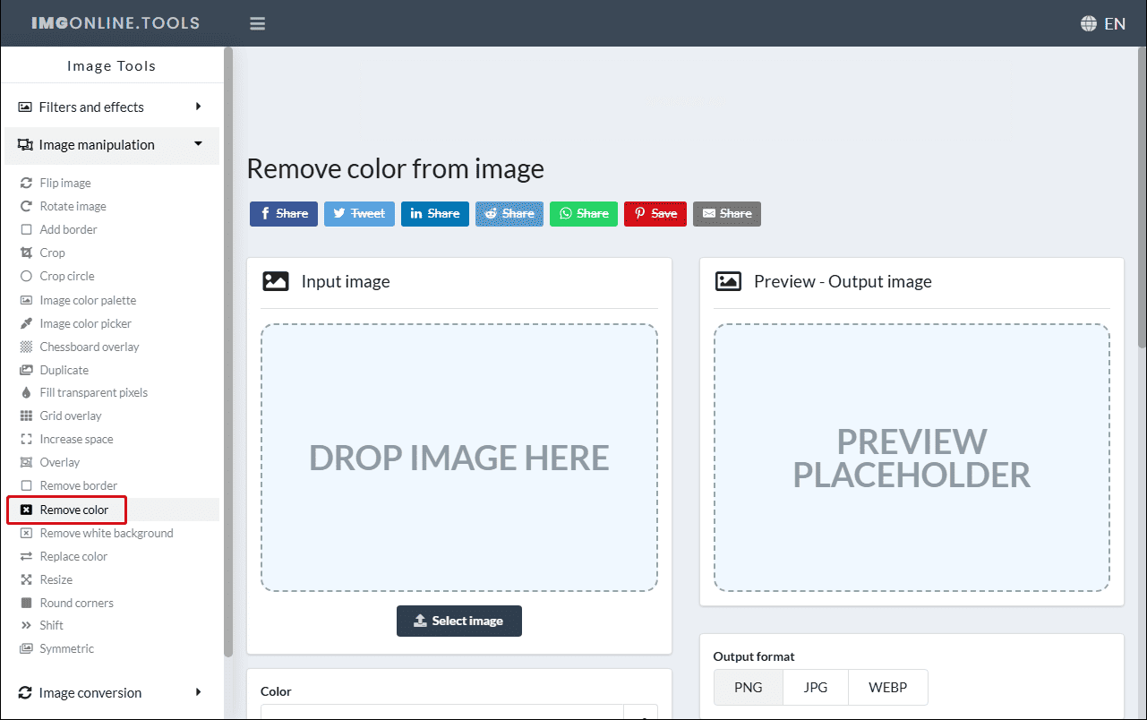 ImgOnline.Tools website showing the selected Remove color option from the Image manipulation dropdown.