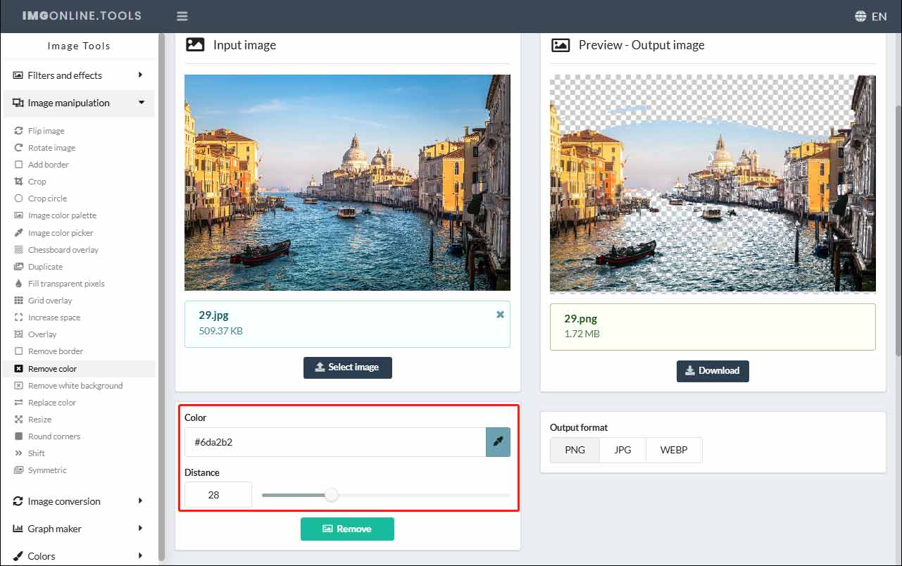 ImgOnline.Tools color remover page with the selected color and distance options.