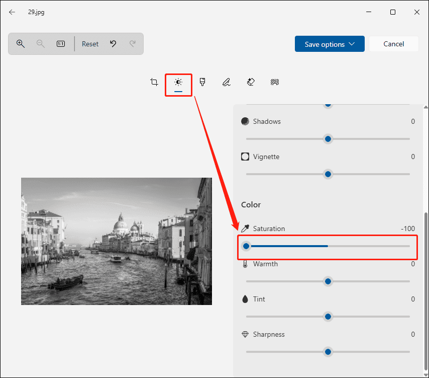 The Adjustment page of Microsoft Photos showing the selected Saturation option.