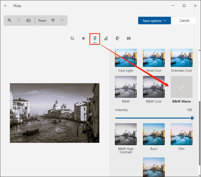 The Filter page of Microsoft Photos showing how to add a B&W effect.