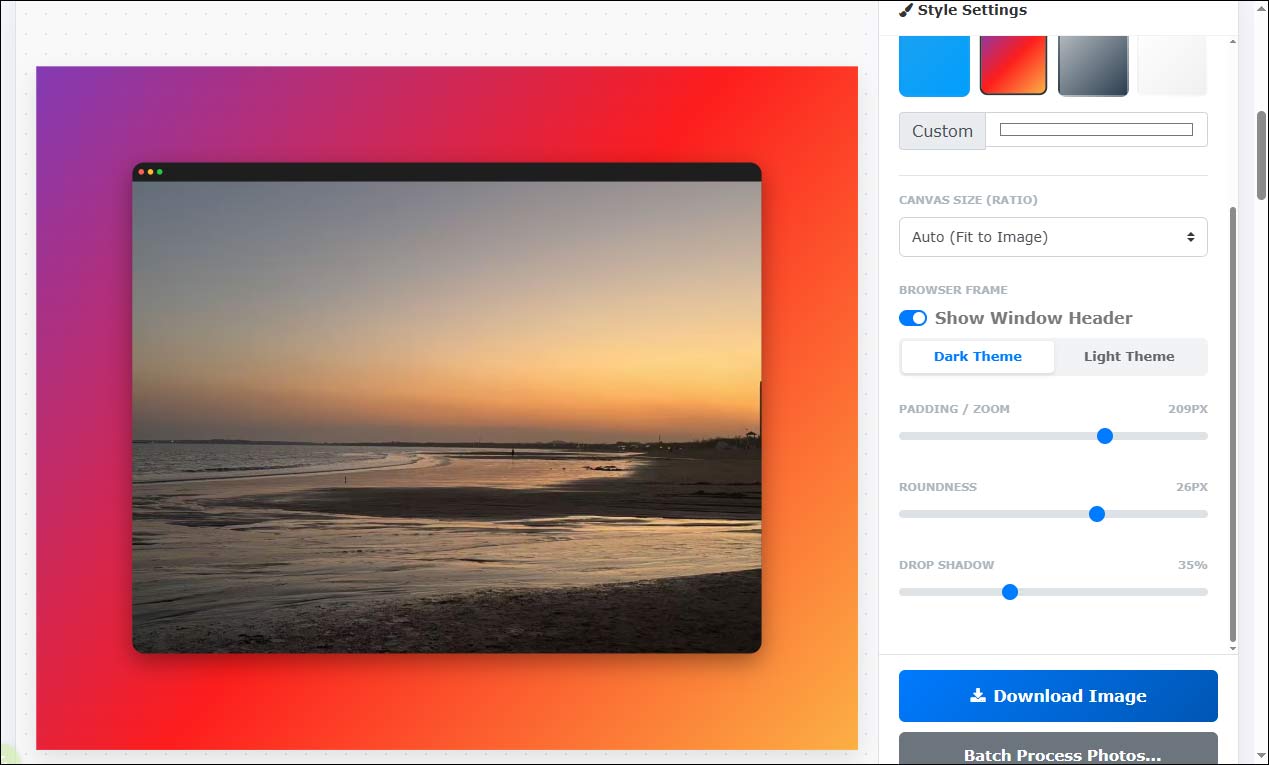The main editing interface of ImageOnline.co as a screenshot beautifier.