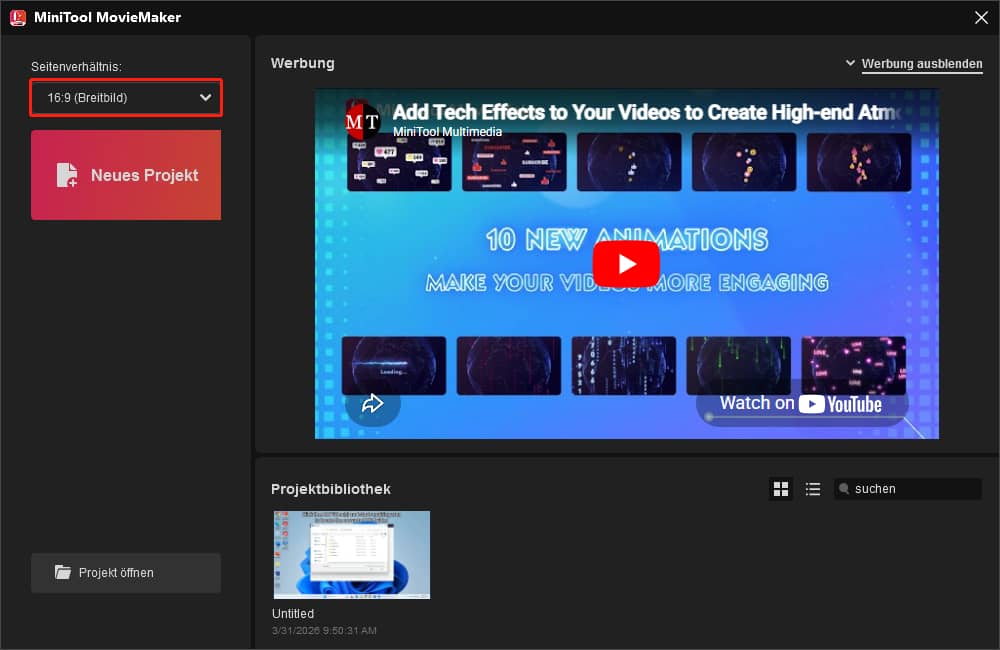 Auswählen eines neuen Video-Seitenverhältnisses im Start-Popup von MiniTool MovieMaker.