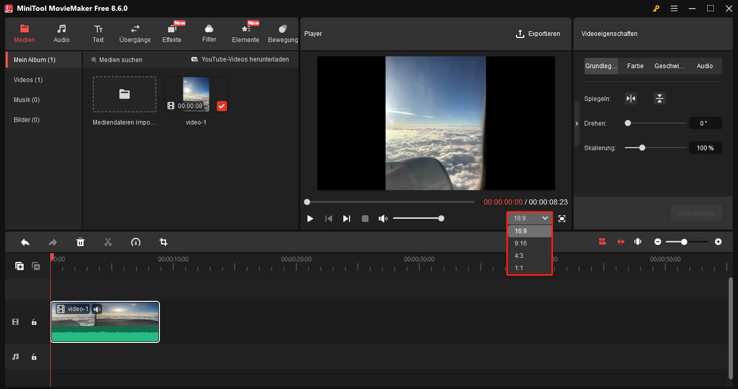 Ändern des Seitenverhältnisses während der Bearbeitung in MiniTool MovieMaker.