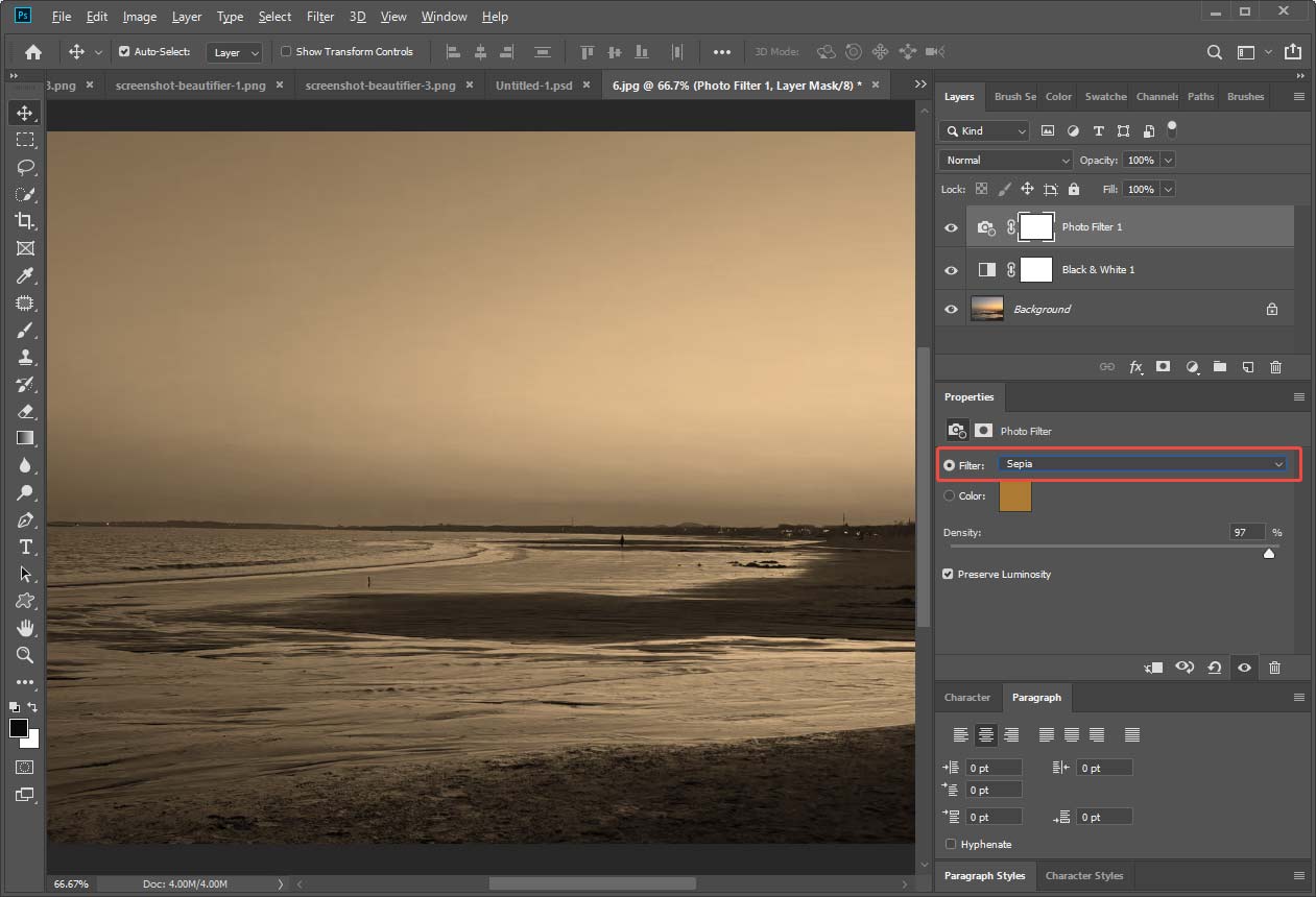 Photoshop editing interface showing the selected Sepia option in the properties panel.