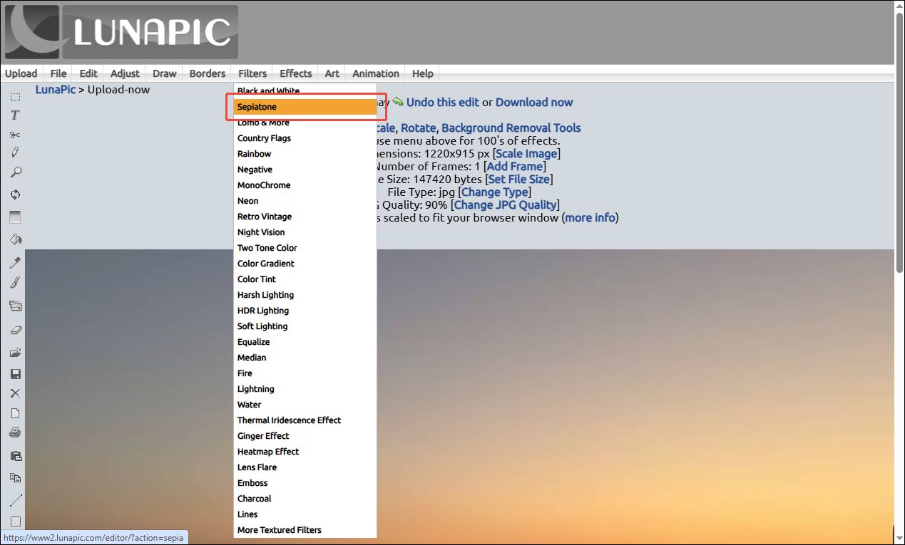 Lunapic interface showing the selected Sepiatone option from the Filters dropdown list.