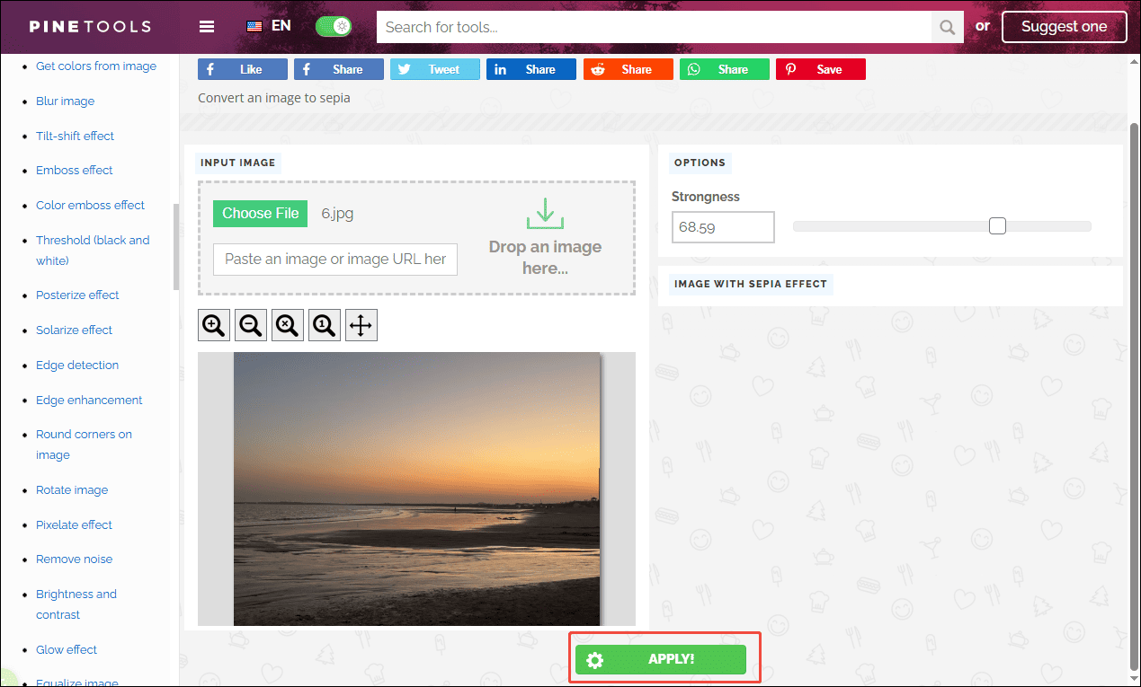PineTools interface showing the selected APPLY option.