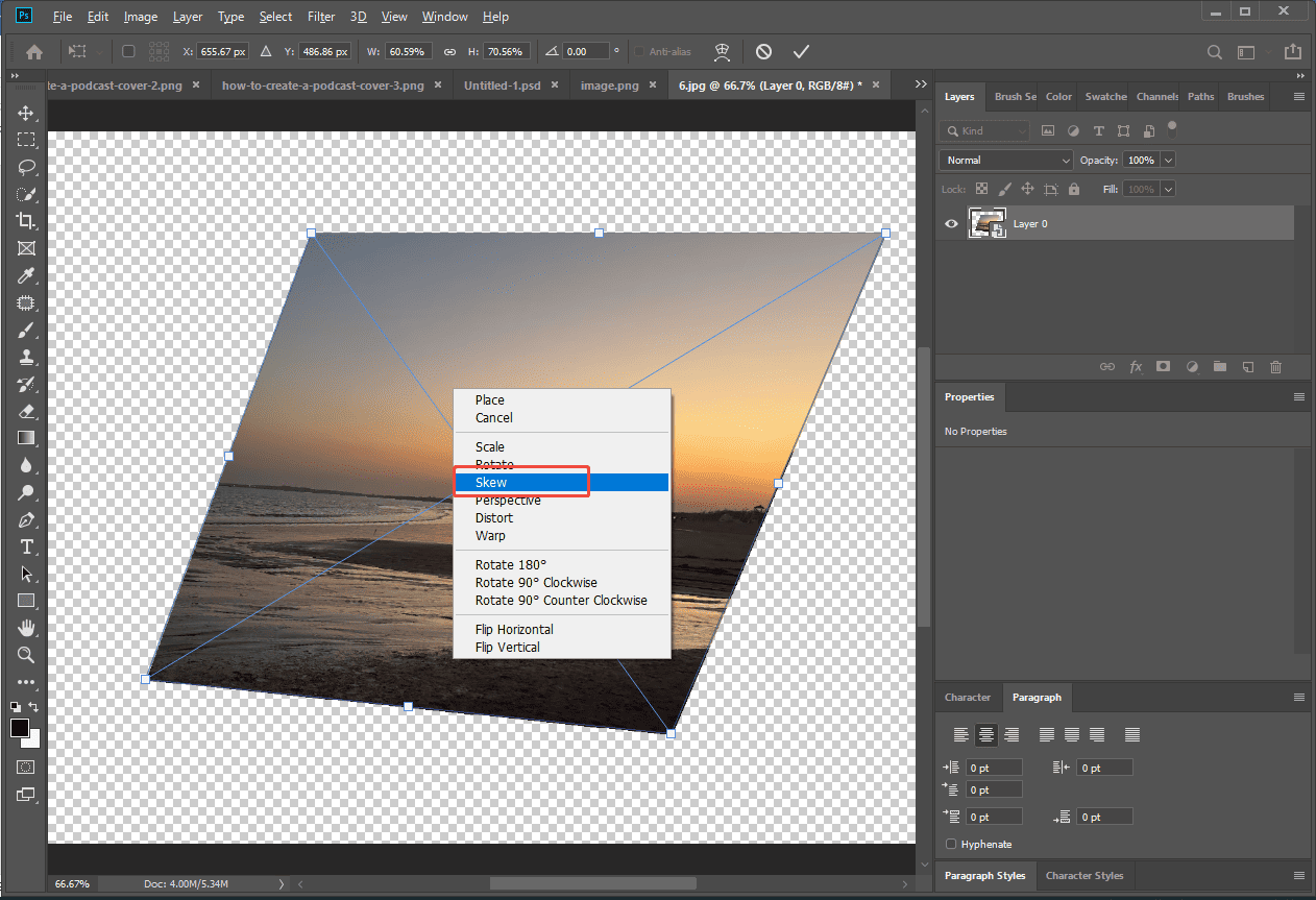 Photoshop editing interface with the selected Skew option.