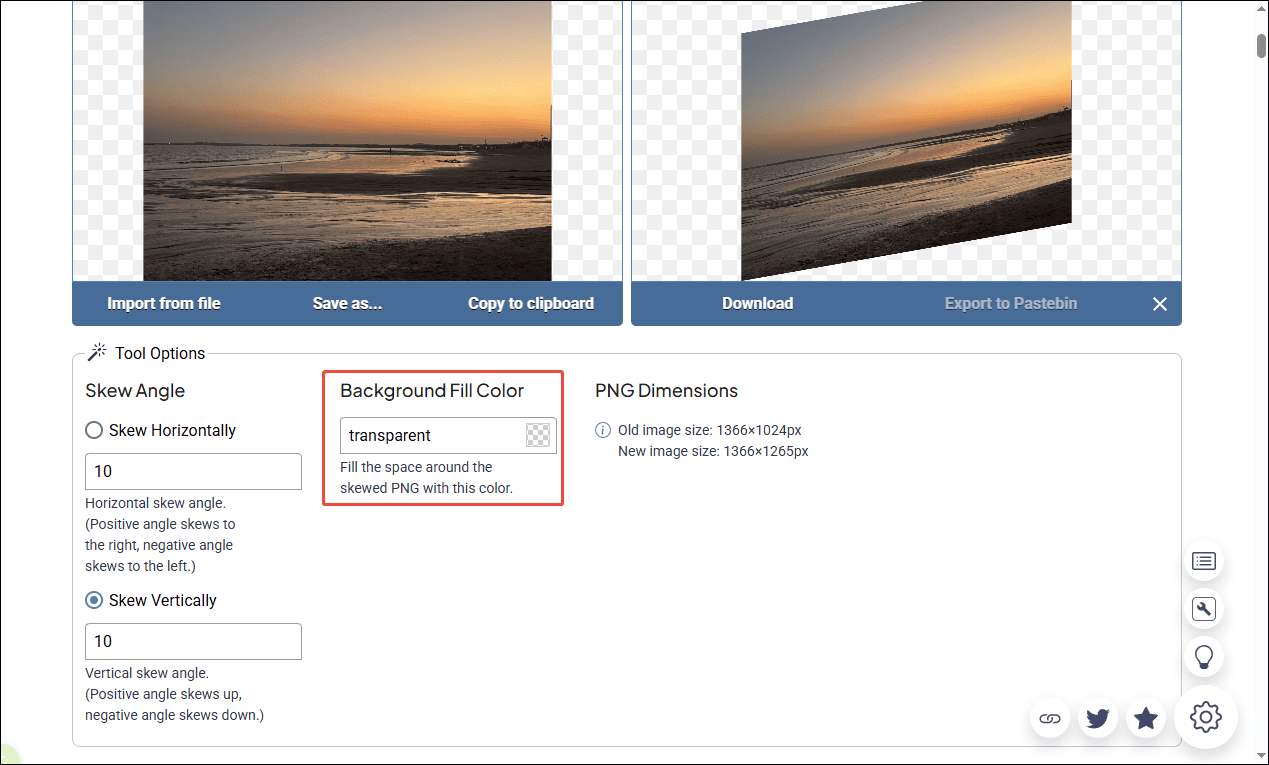 Online PNG Tools interface with the selected Background Fill Color options.