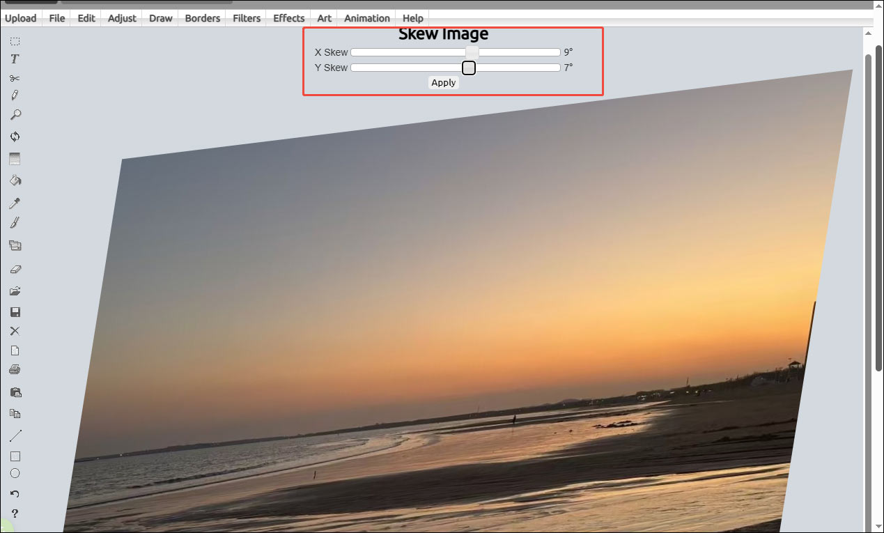 LunaPic editing interface showing the selected skew image options.