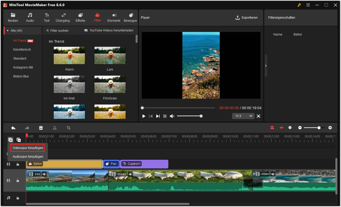 Eine Videospur in MiniTool MovieMaker hinzufügen.