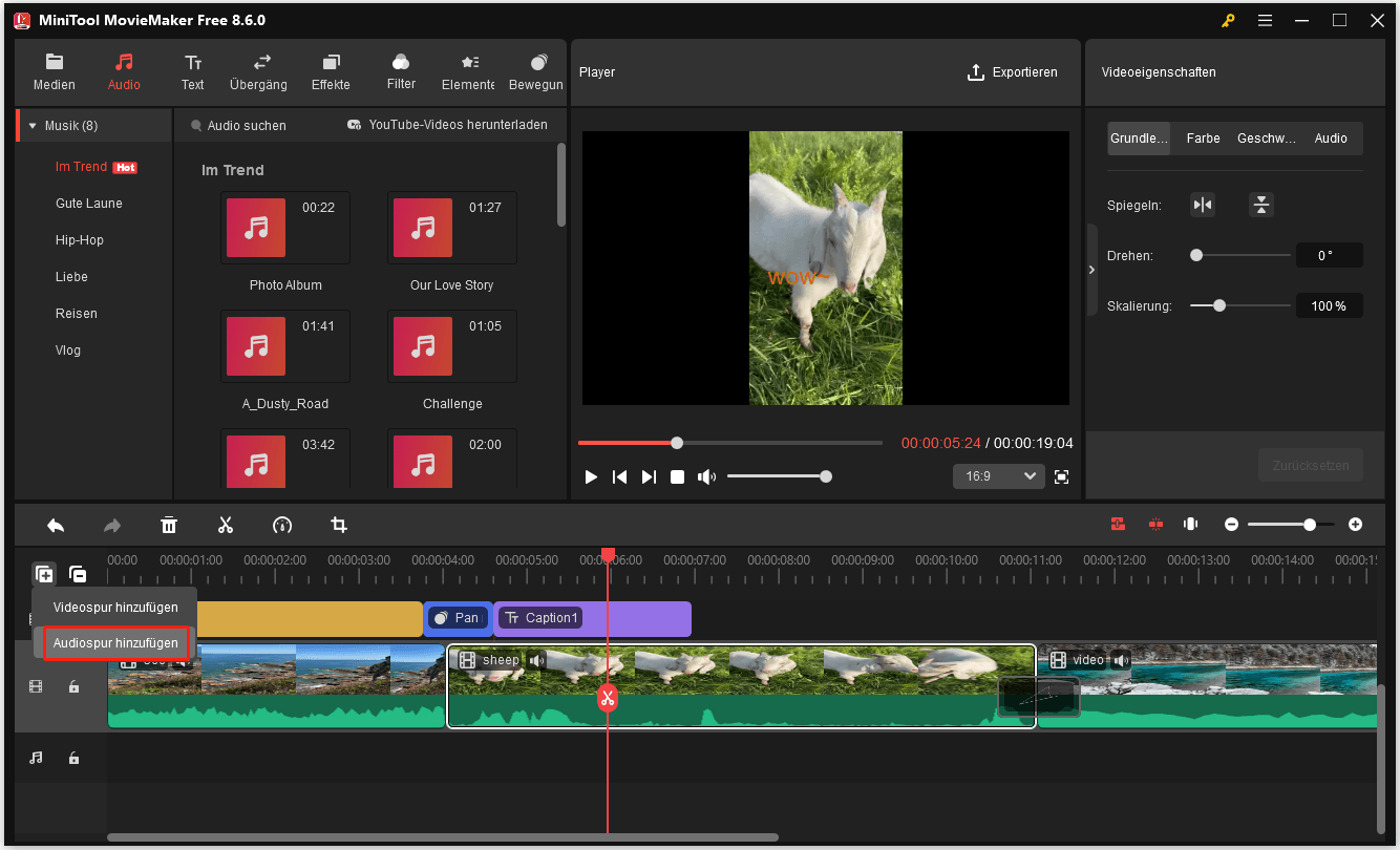 Eine Audiospur in MiniTool MovieMaker hinzufügen.