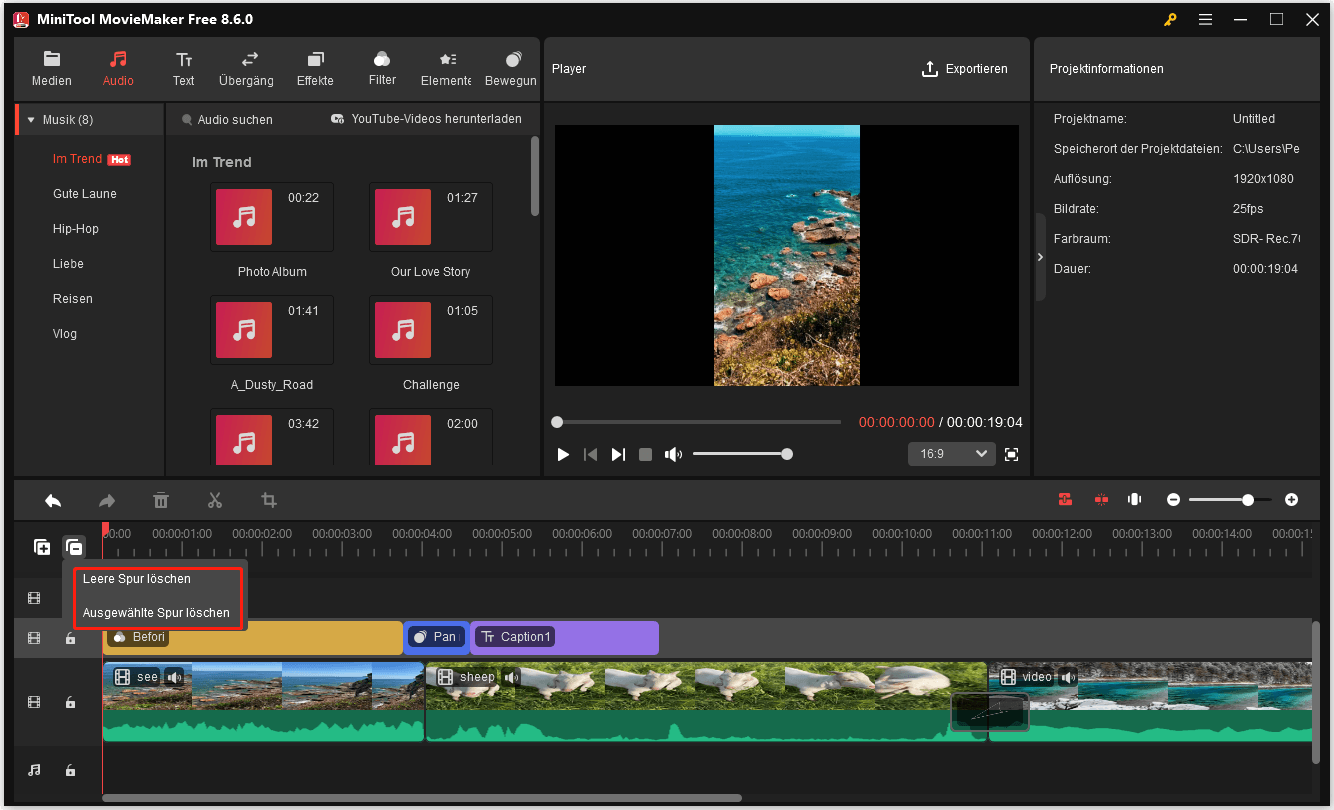 Leere Spur oder ausgewählte Spur in MiniTool MovieMaker löschen.
