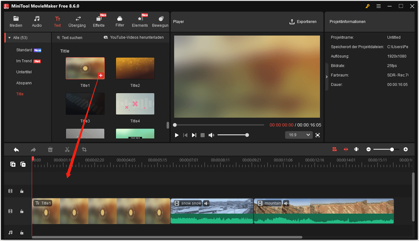 Fügen Sie dem Video in MiniTool MovieMaker einen Titel hinzu.