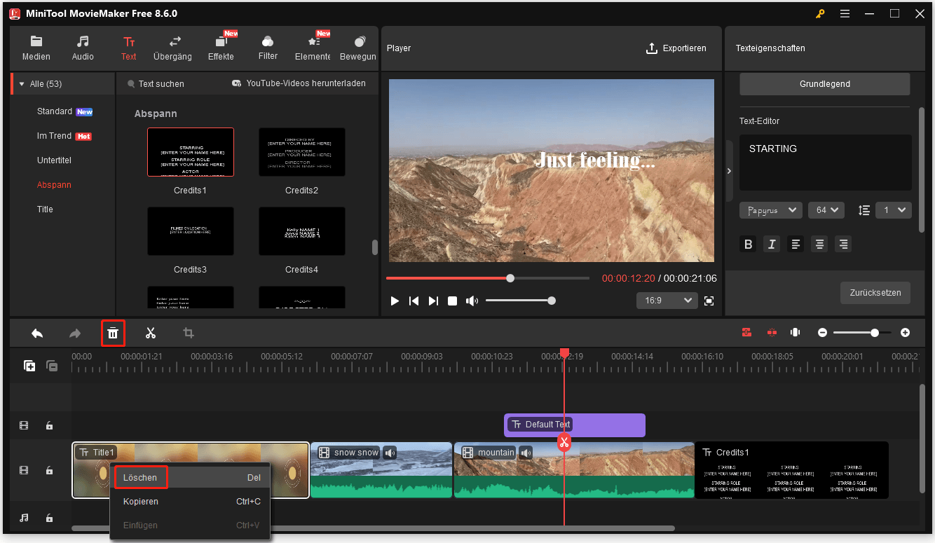 Einen Titel in MiniTool MovieMaker löschen.