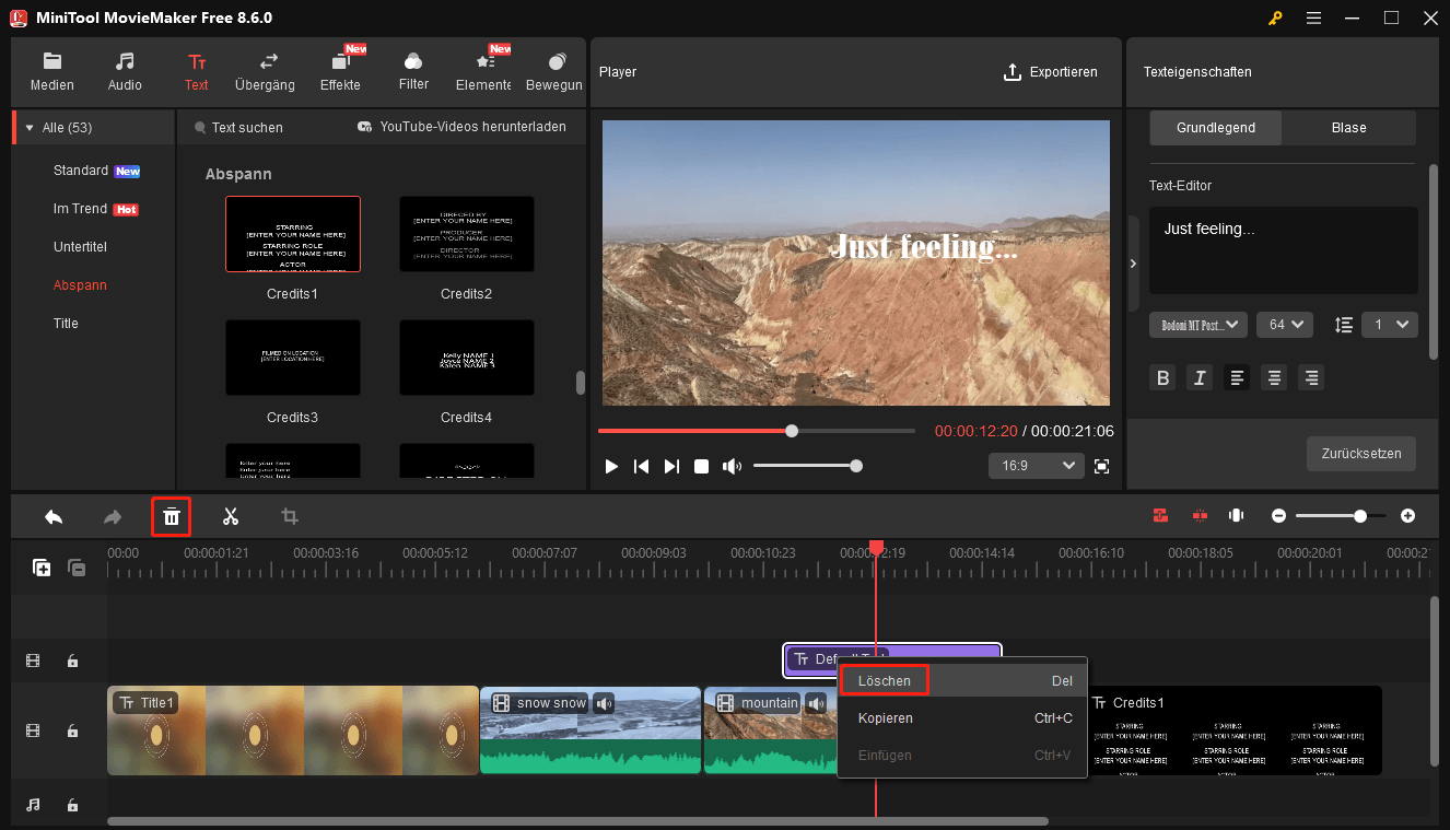Einen Untertitel in MiniTool MovieMaker löschen.