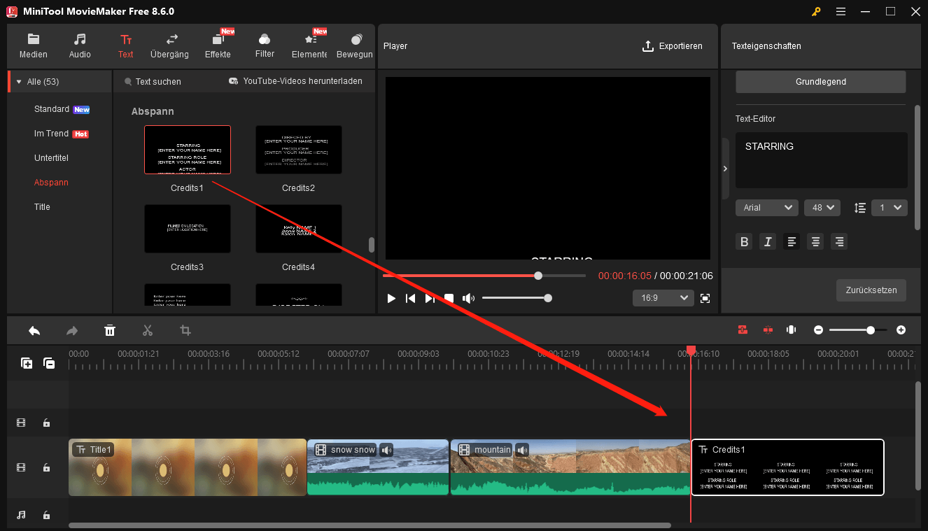 Abspann zur Zeitleiste in MiniTool MovieMaker hinzufügen.