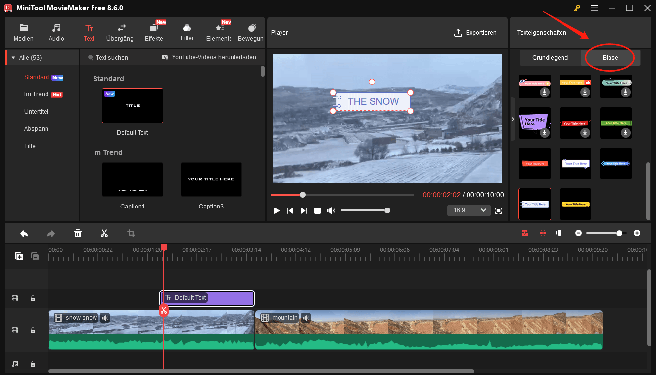 Eine Sprechblase zum Text in MiniTool MovieMaker hinzufügen.
