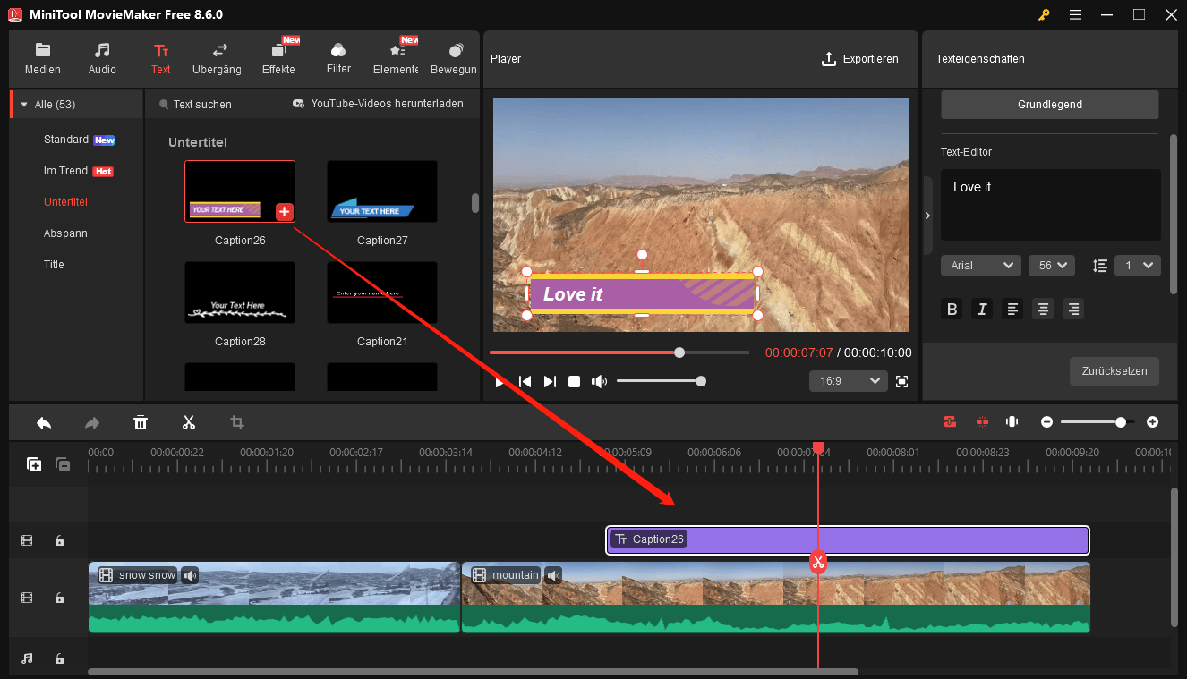 Fügen Sie dem Video in MiniTool MovieMaker Untertitel hinzu.