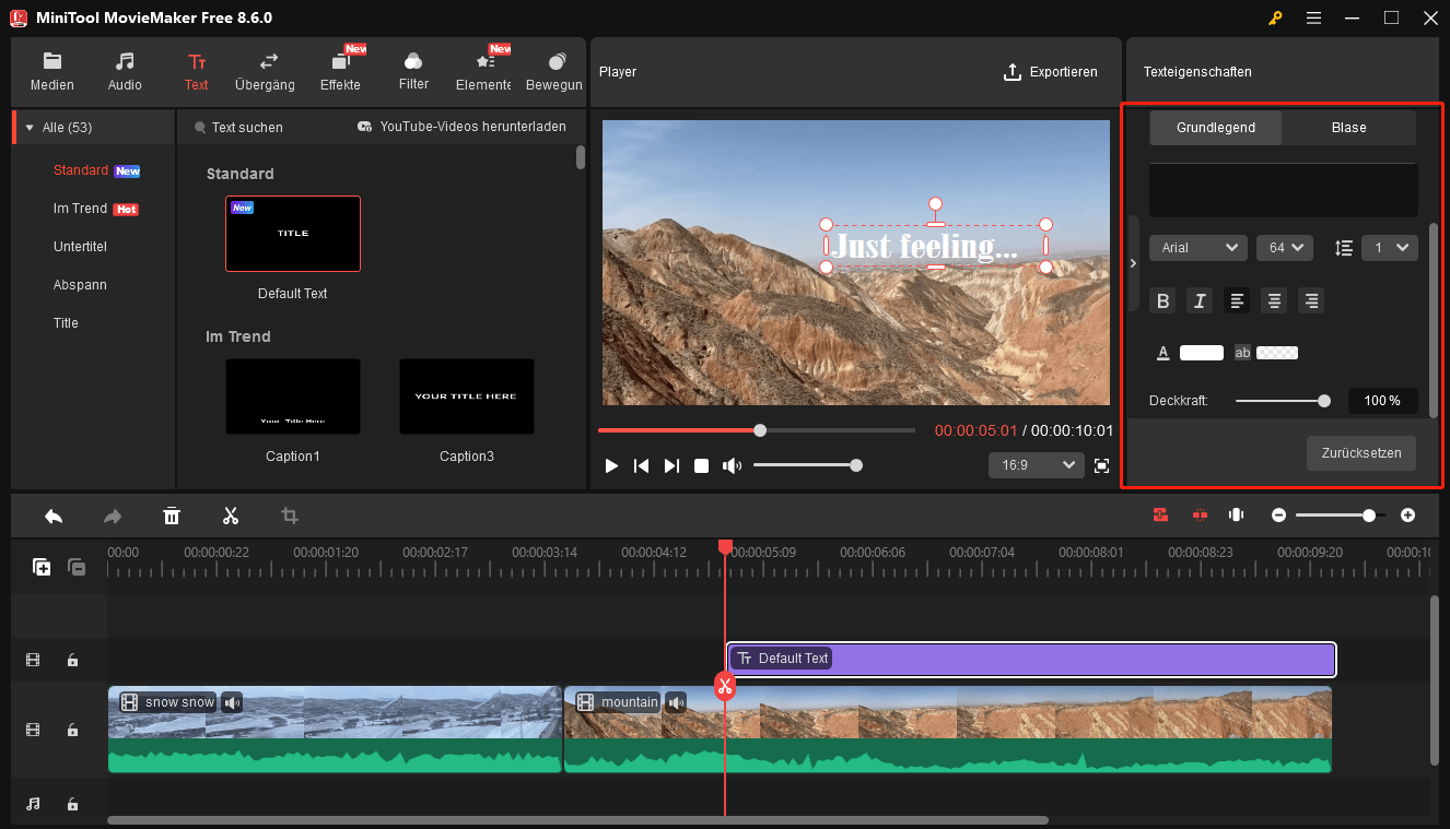 Der ausgewählte Texteditor in MiniTool MovieMaker.