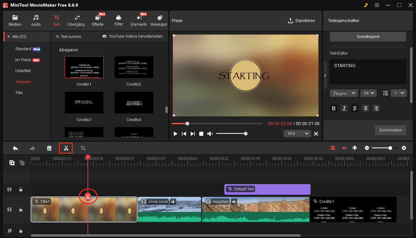 Einen Titel in MiniTool MovieMaker teilen.