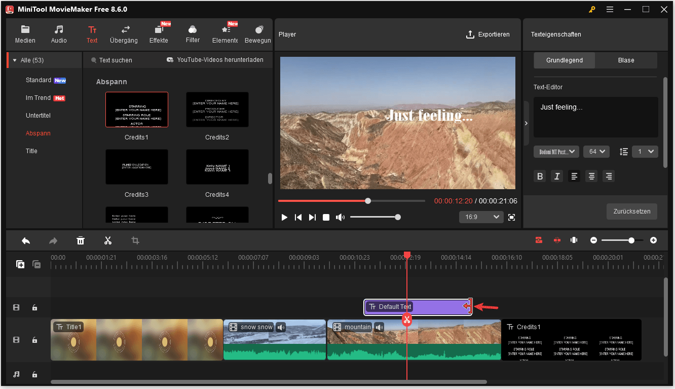 Anpassen der Dauer des Untertitels in MiniTool MovieMaker.