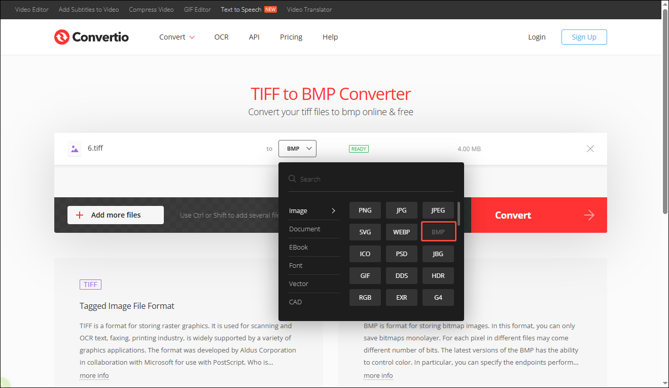 The Convertio interface with BMP selected as the output format.