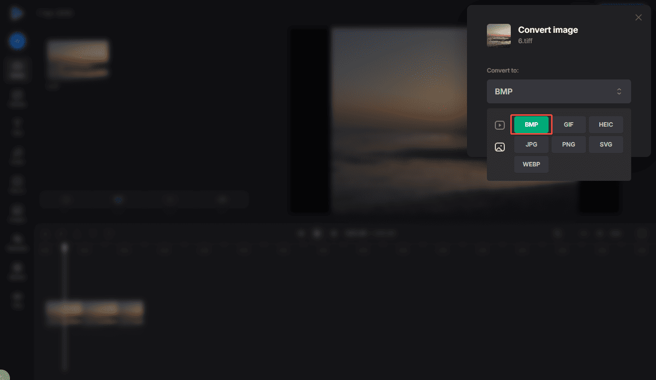 The Clideo interface with BMP selected as the output format.