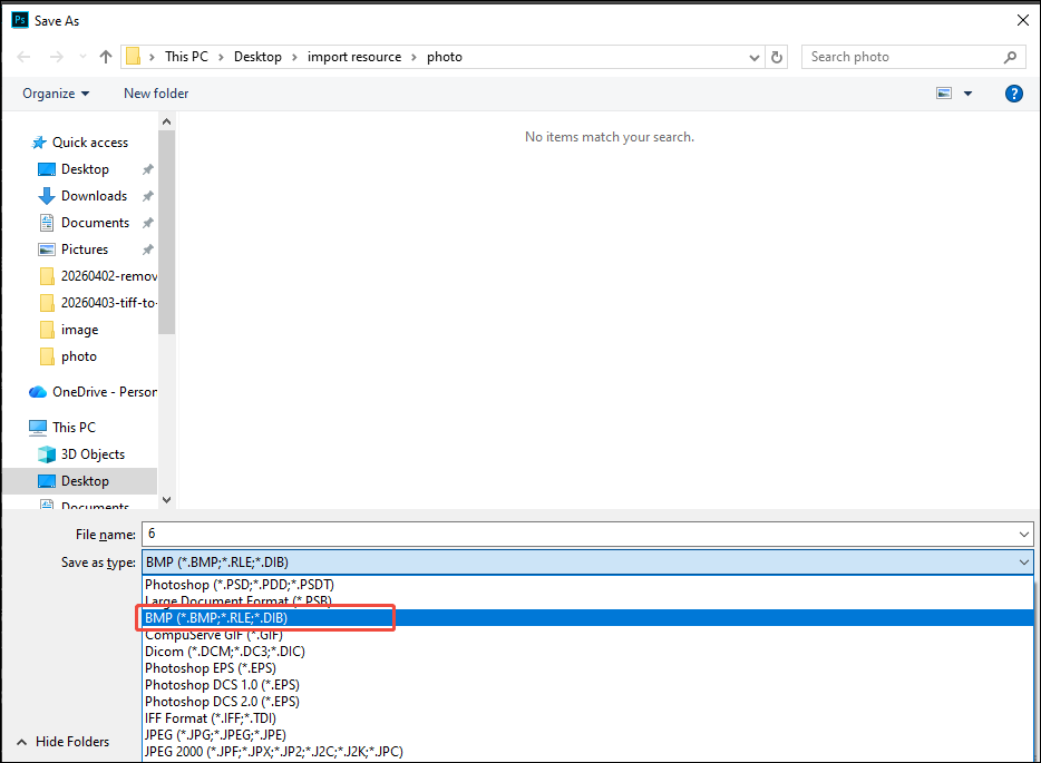 Photoshop Save As window with BMP selected in the Save as type dropdown.