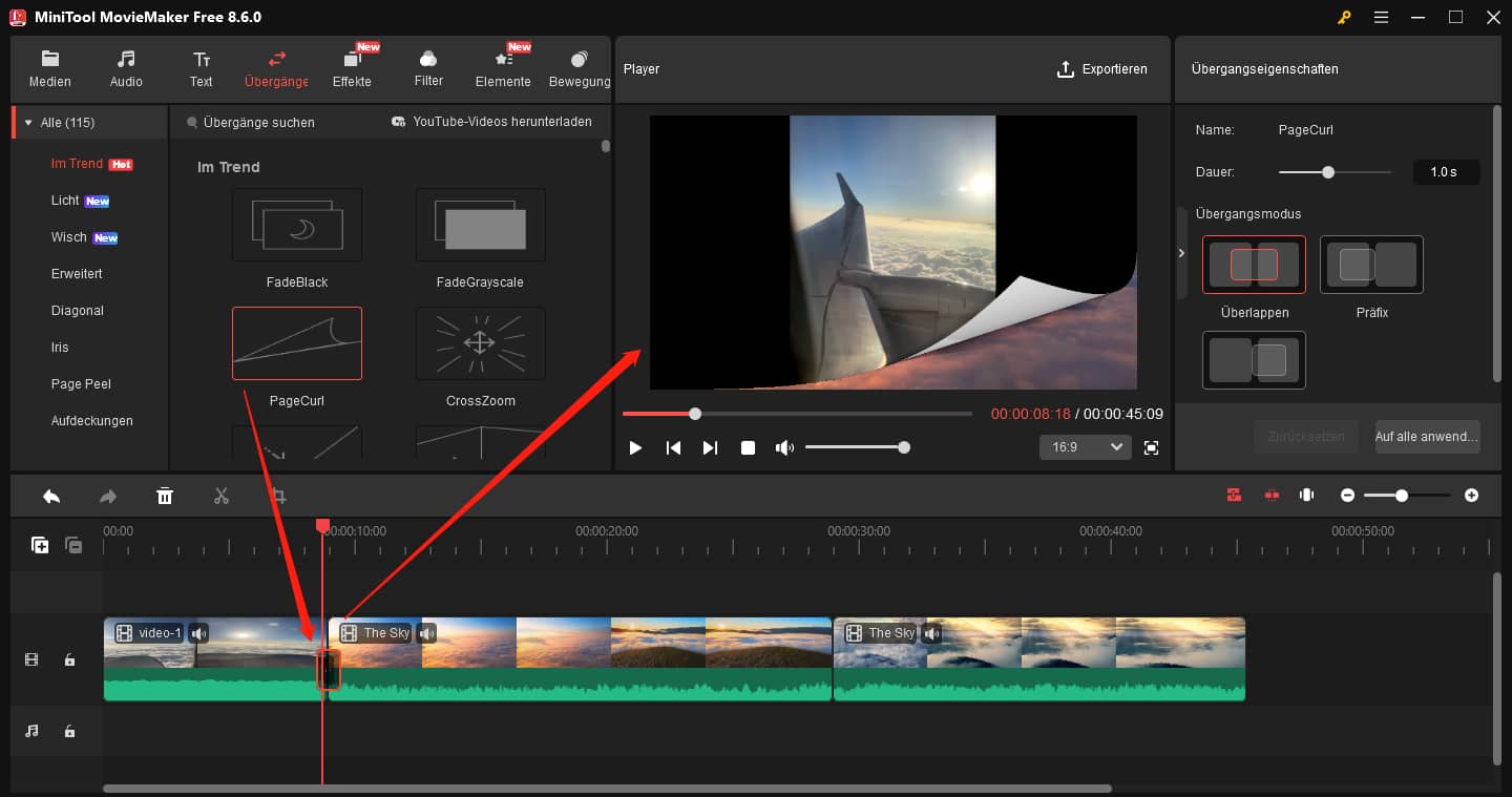 Einen Übergang zwischen 2 Clips in MiniTool MovieMaker hinzufügen.