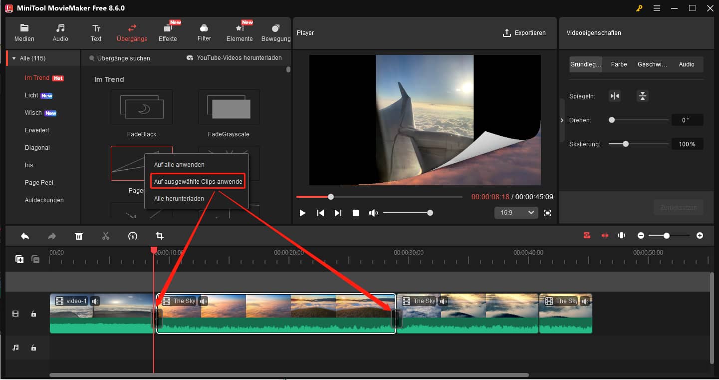 Einen Übergang auf ausgewählte Clips in MiniTool MovieMaker anwenden.