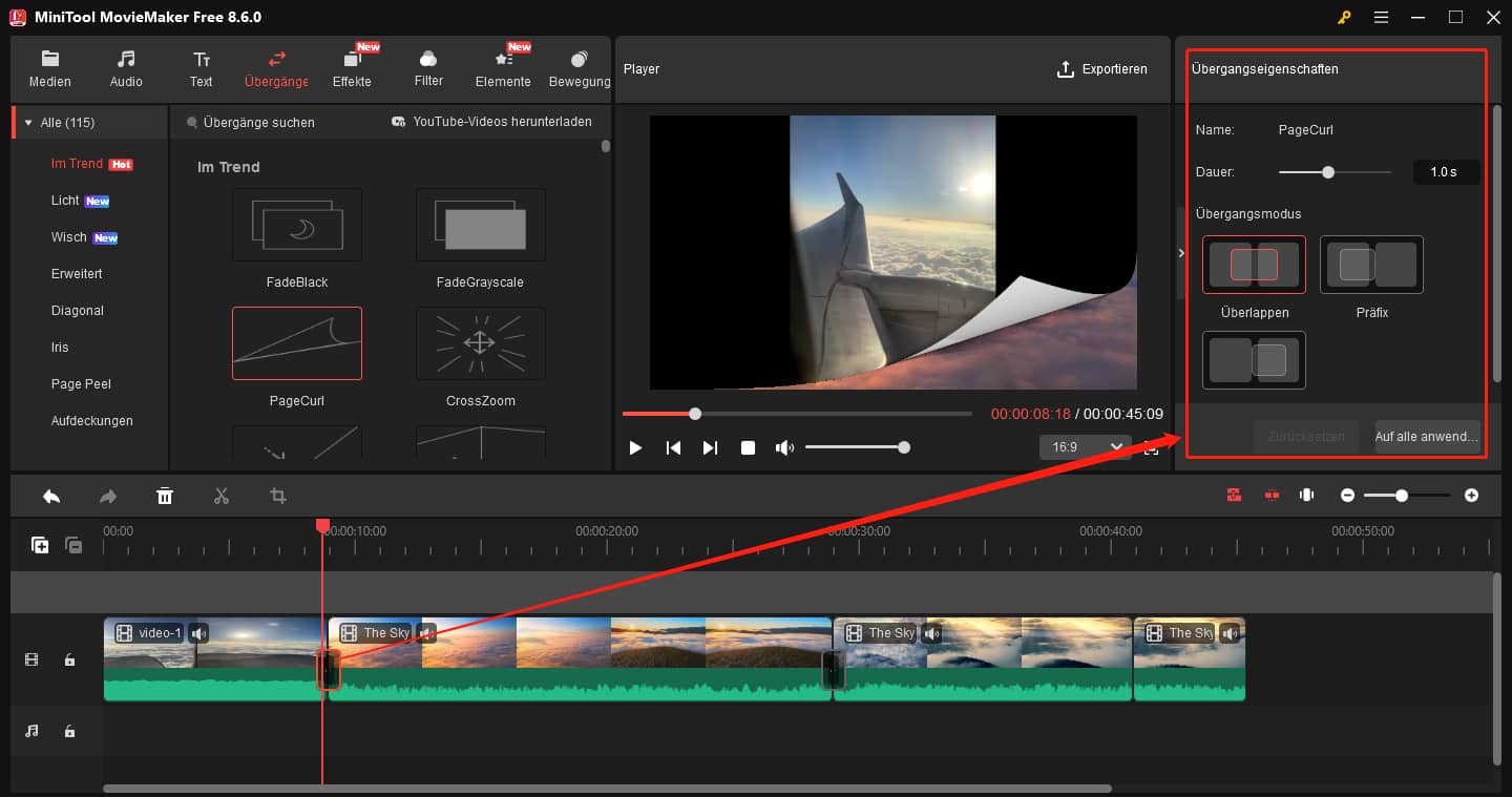Einen Übergang bearbeiten, um ihn besser an Ihre Bedürfnisse anzupassen in MiniTool MovieMaker.
