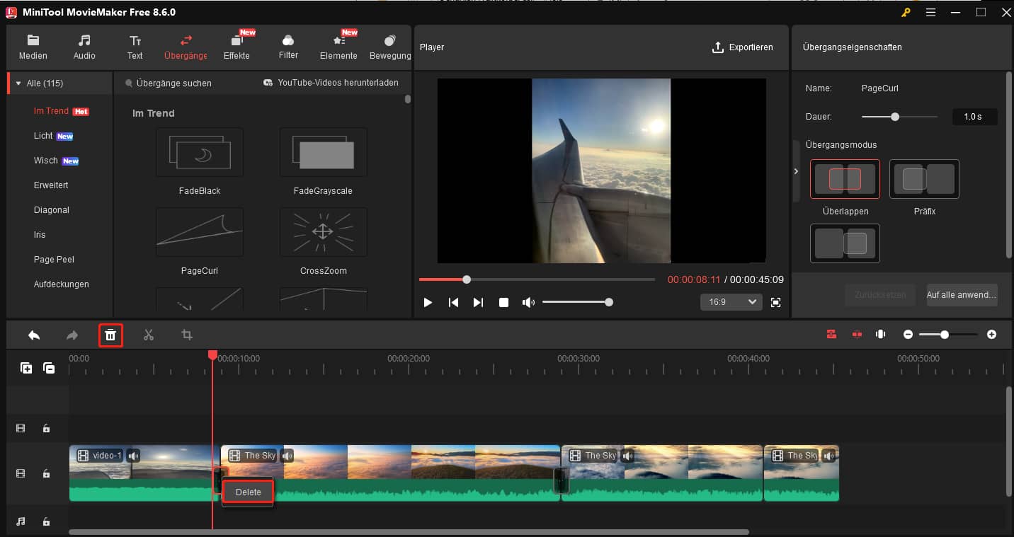Einen Übergang in MiniTool MovieMaker löschen.