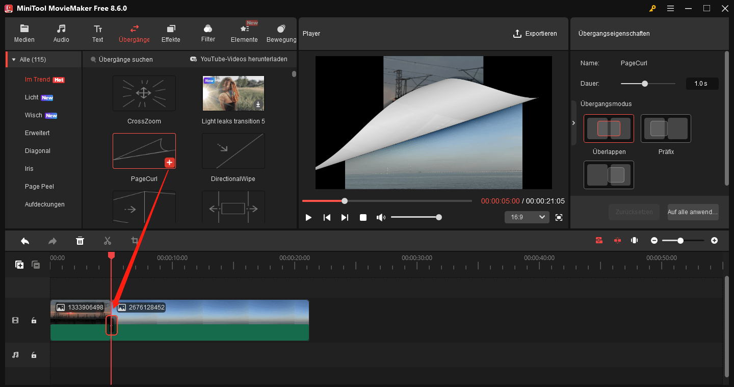 Hinzufügen von Übergängen in MiniTool MovieMaker.