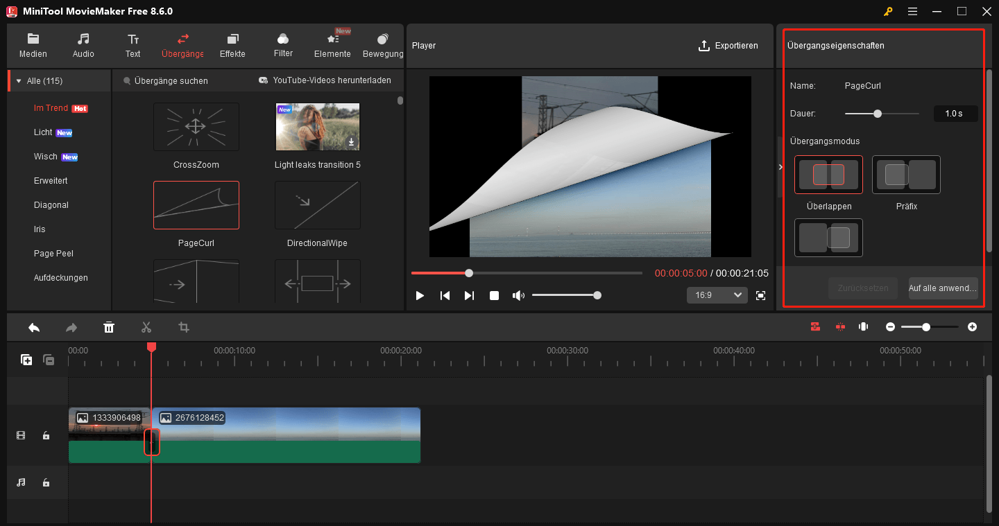 Wechseln zur Option Übergangseigenschaften zur Anpassung des Übergangs in MiniTool MovieMaker.