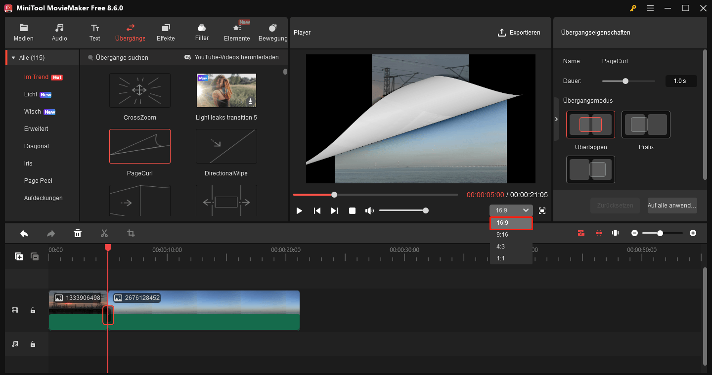 Ändern des Video-Seitenverhältnisses in MiniTool MovieMaker.