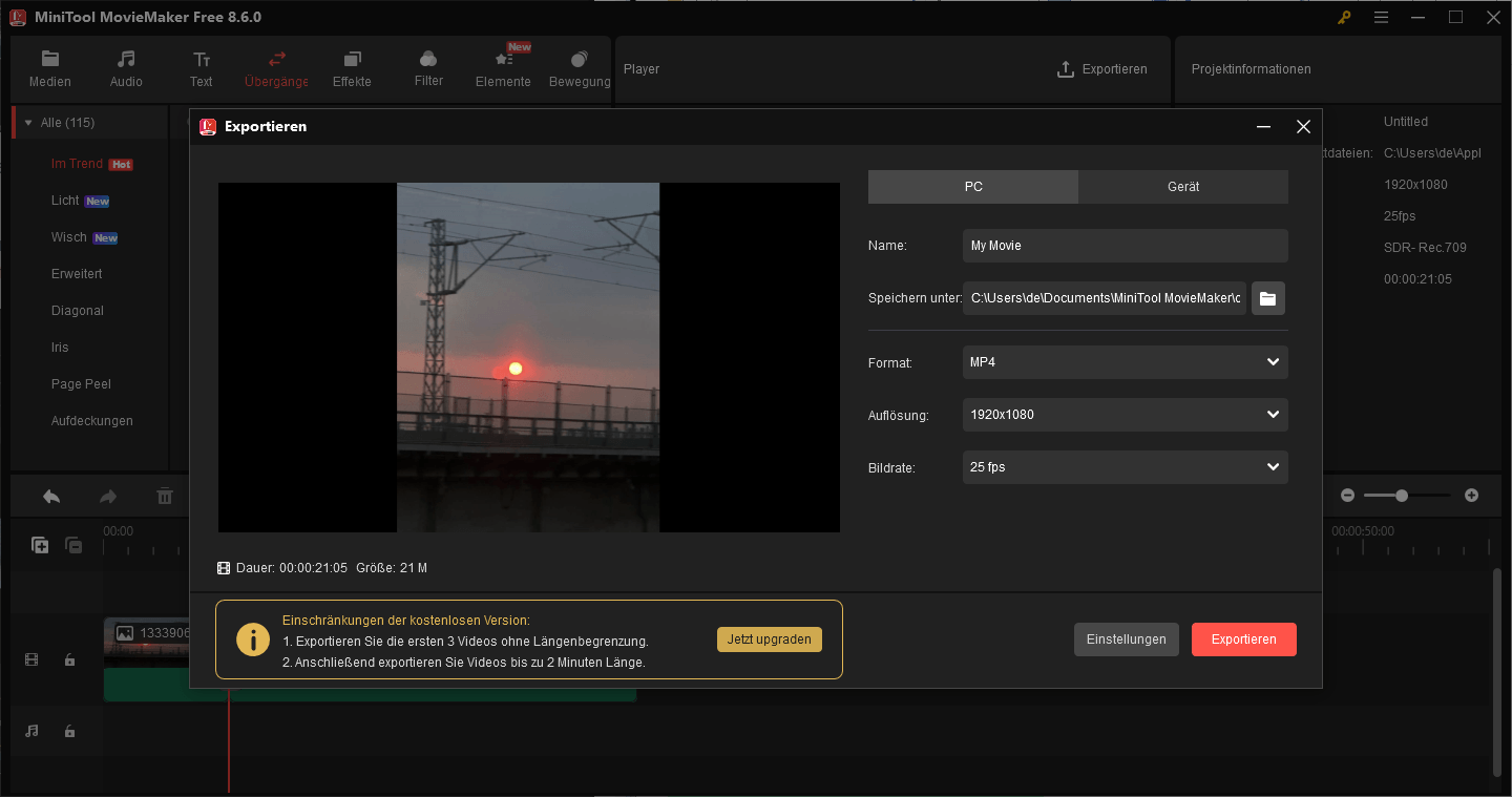 Exportieren des Videos auf Ihren Computer mit MiniTool MovieMaker.