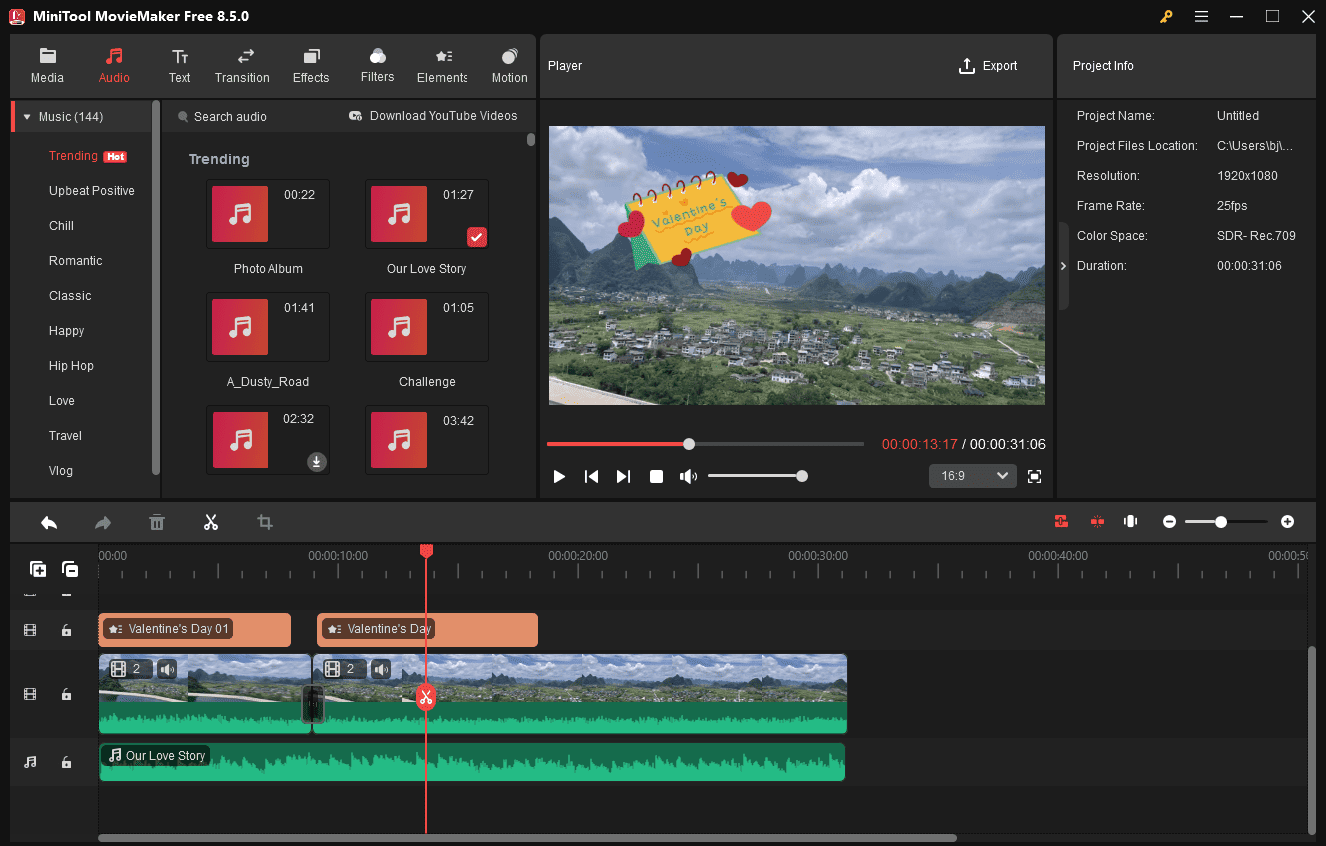 The main interface of MiniTool MovieMaker as a Valentine’s video maker.