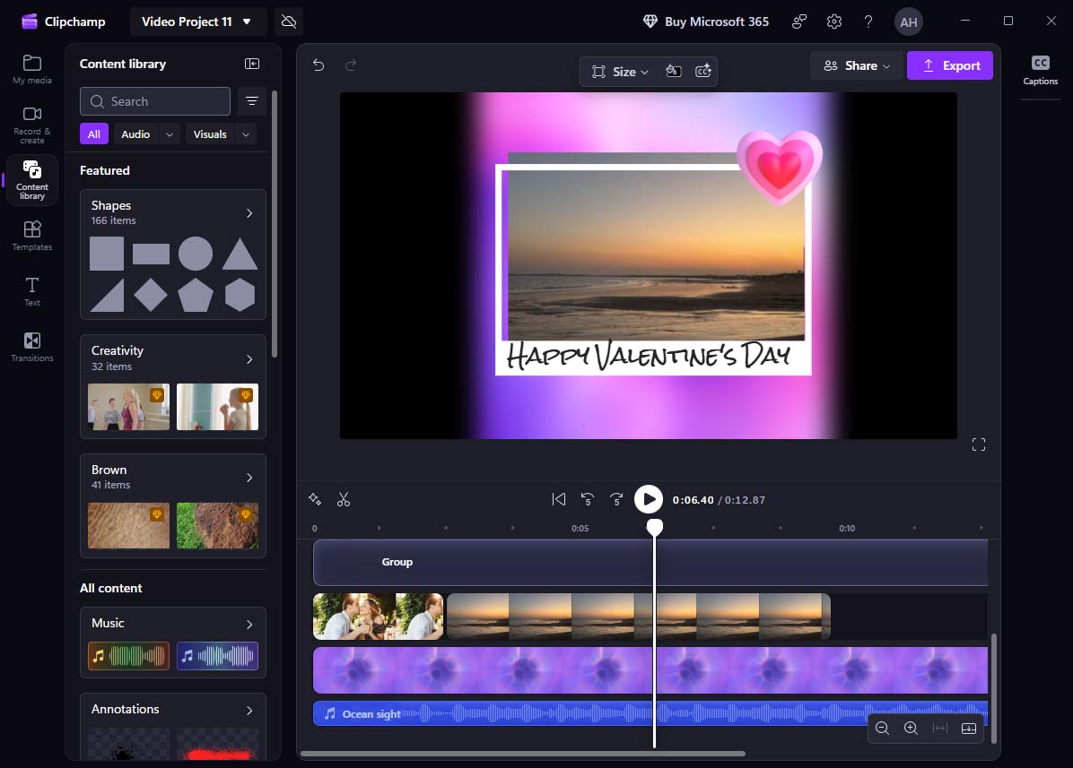 The main interface of Microsoft Clipchamp as a Valentine’s video maker.