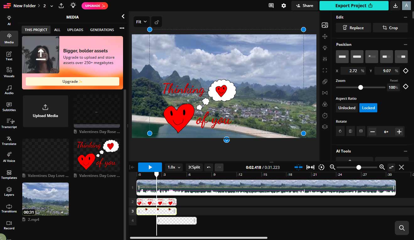 The main interface of Kapwing as a Valentine’s video maker.