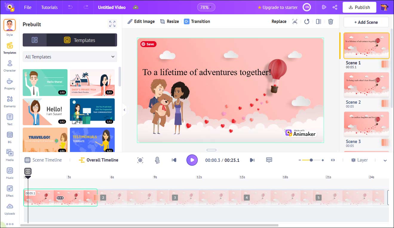The main interface of Animaker as a Valentine’s video maker.