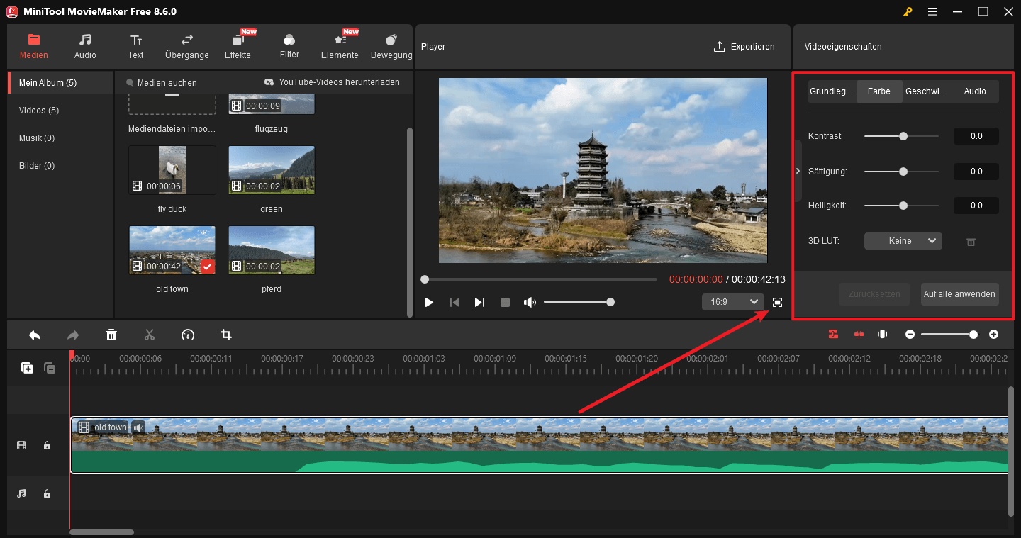 Führen Sie eine Videofarbkorrektur in MiniTool MovieMaker durch.