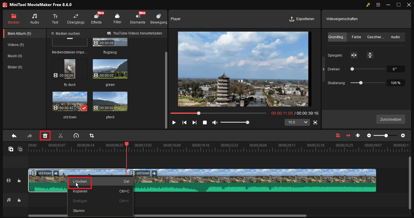 Ein Video in MiniTool MovieMaker löschen.