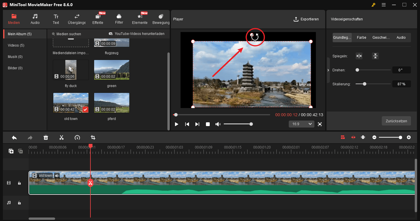 Gehen Sie zum Vorschaufenster, um ein Video in MiniTool MovieMaker zu drehen.