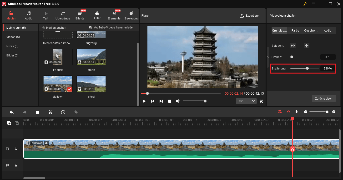 Wechseln Sie zu den Videoeigenschaften, um die Videoanzeigegröße in MiniTool MovieMaker anzupassen.